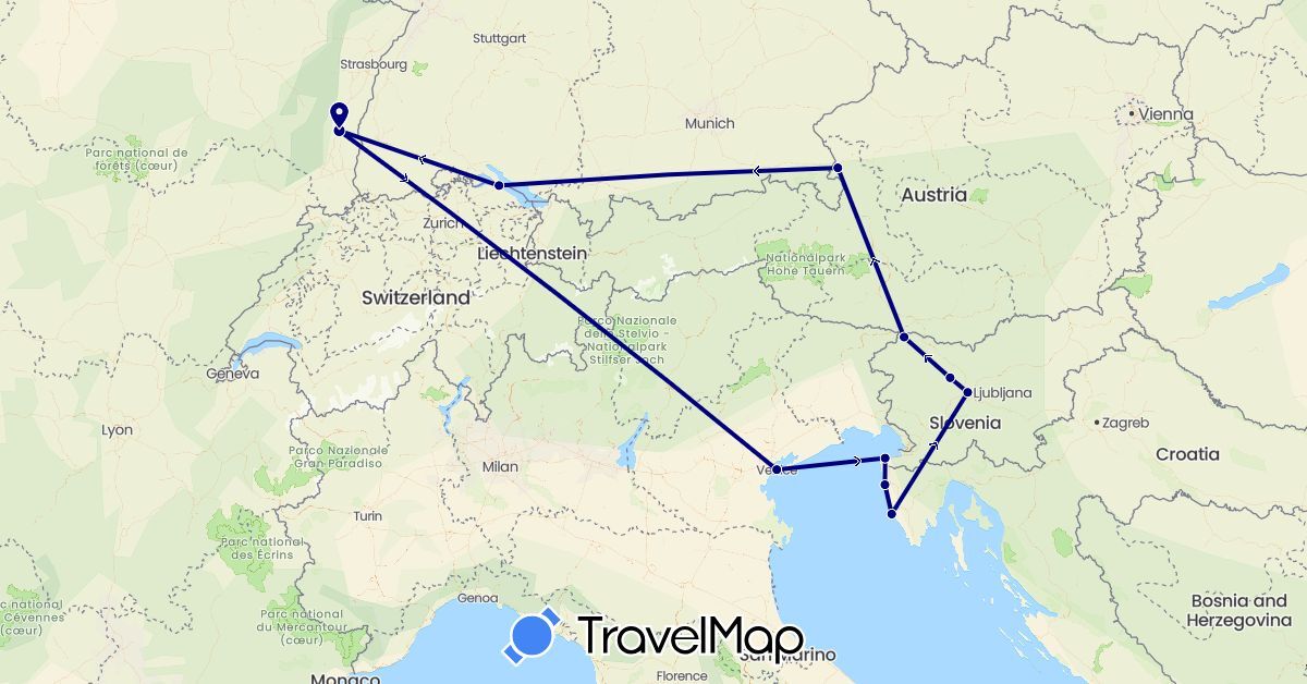 TravelMap itinerary: driving in Austria, Germany, France, Croatia, Italy, Slovenia (Europe)